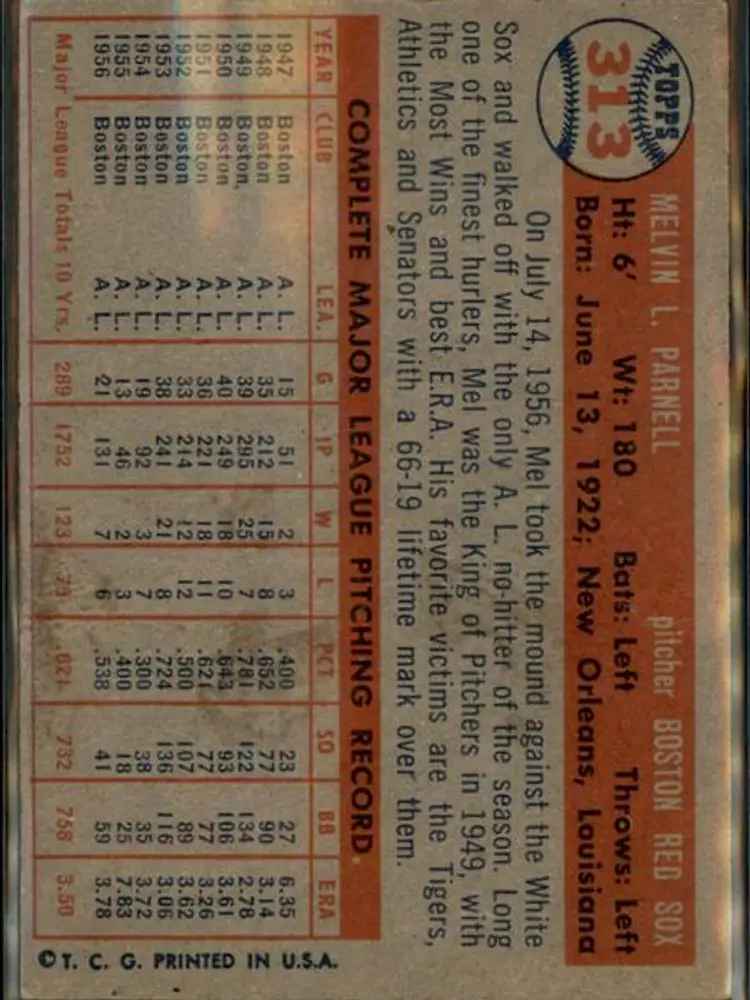 1957 Topps #313 Mel Parnell - ( pk1 ) - Boston Red Sox