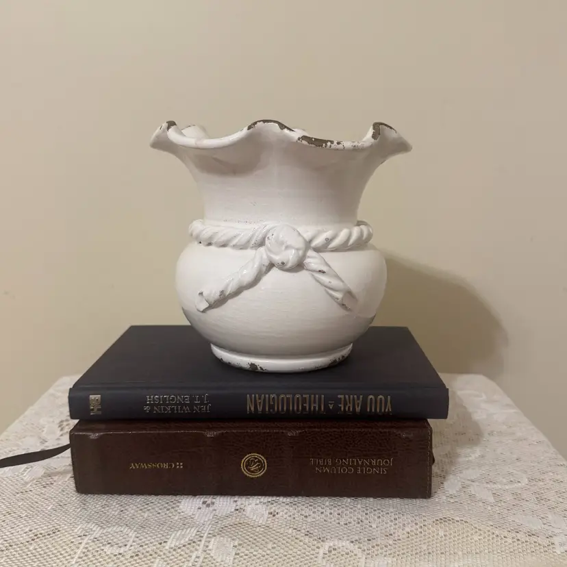 Creamy White Terracotta Vase with Crackled-Glaze - 6 in tall