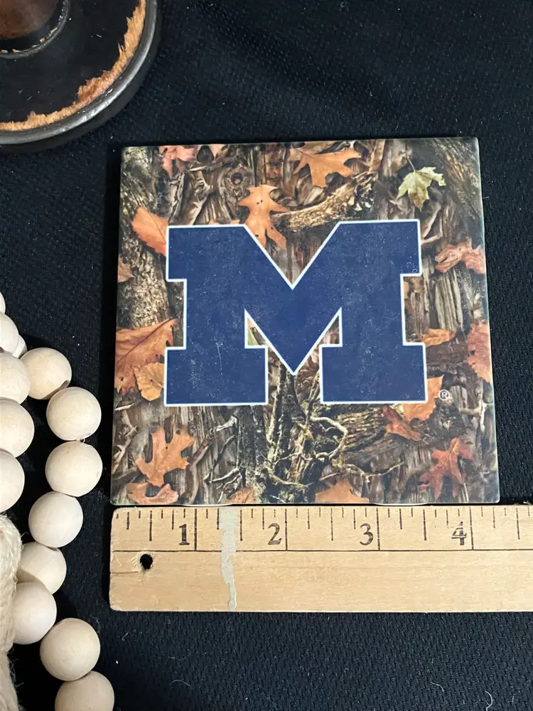 “M” Tile Coaster Ceramic Blue On Camouflage Background Cork Backing