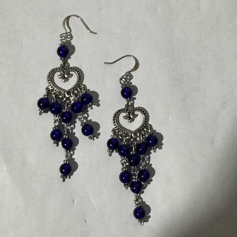 Chandelier Earrings Cobalt Blue Beads Heart Shape Base 2.75” Drop
