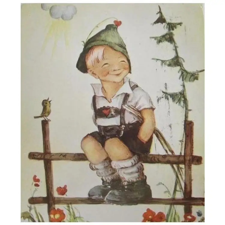 Vintage 1975 Hummel postcard of boy on fence