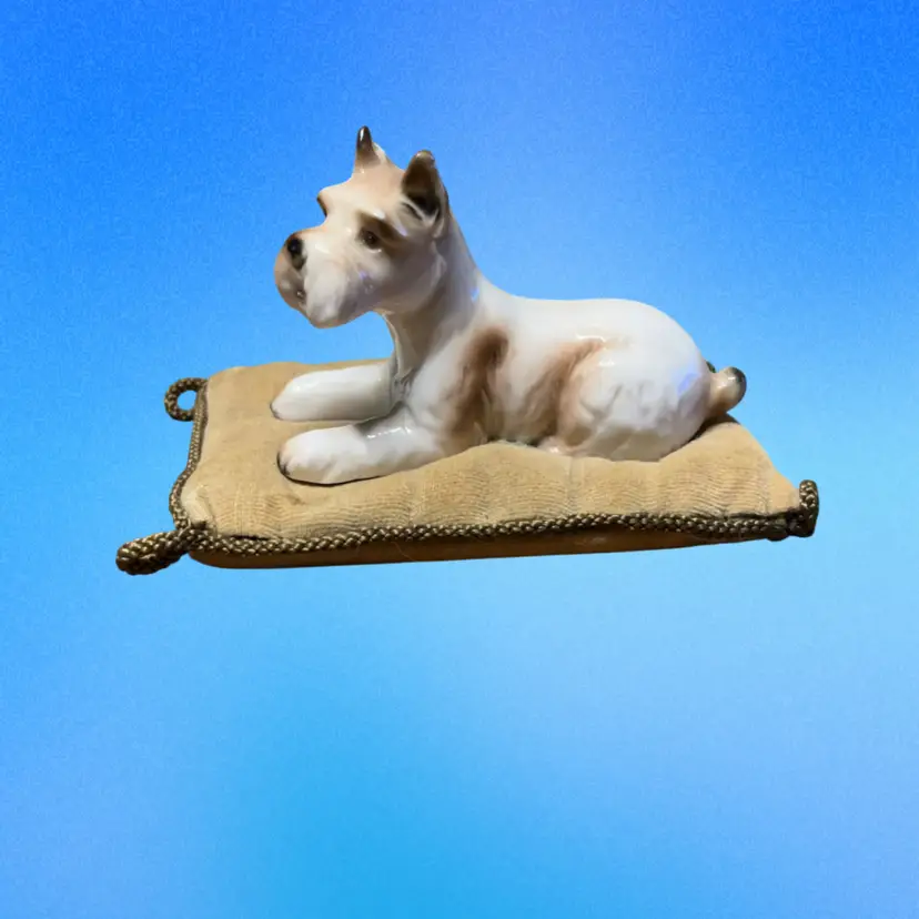 30. Vintage Ardalt Porcelain Dog Figurine on Brown Velvet Cushion