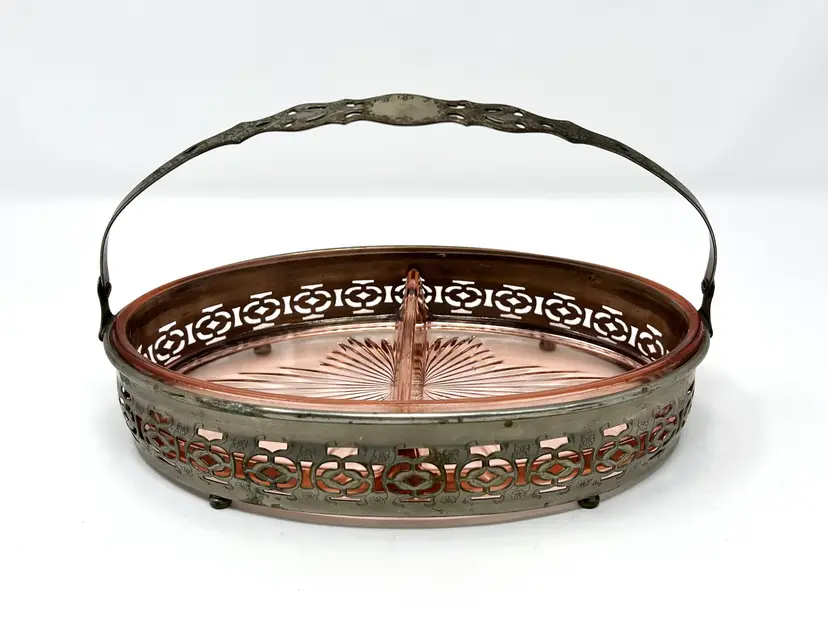 Vintage 1930s Pink Depression Glass Oval Divided Relish Dish with Silver Carrier (0007-24)