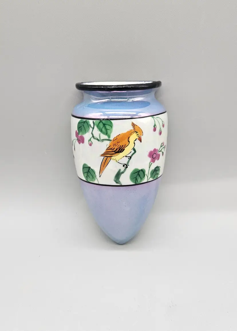 Vintage Lusterware Wall Pocket Vase with Bird & Flowers Hand Painted in Japan