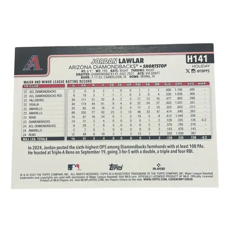 Jordan Lawlar 2025 Topps Holiday Blue Metallic Glitter