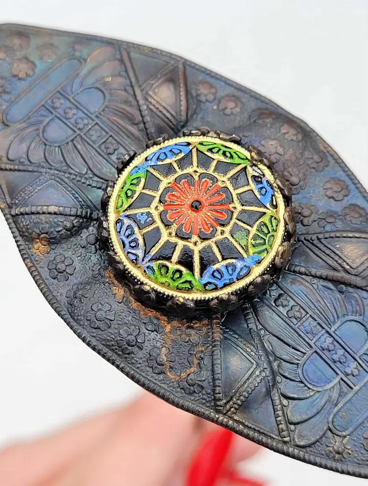 Antique Victorian Arts & Crafts Floral Handpainted Copper Pin Hatpin 11"