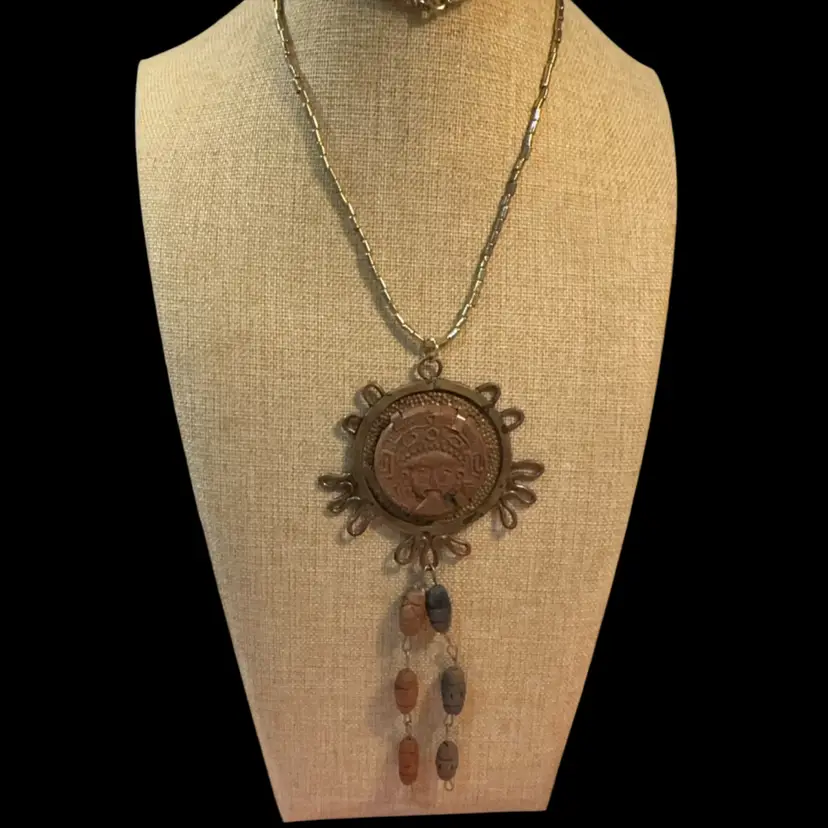 Vintage Clay And Metal Mayan Style Necklace