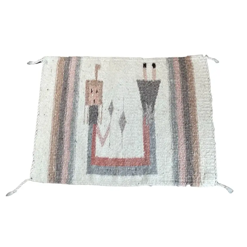 Small Flatwoven Rug, Southwest Design Mexico Grey Pink Cream Brown 18.5x14"