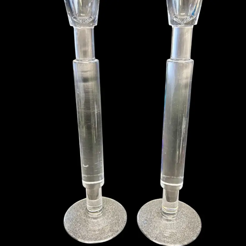 Pair Of Calvin Klein Clear Glass Crystal Candle Holders 11.5”