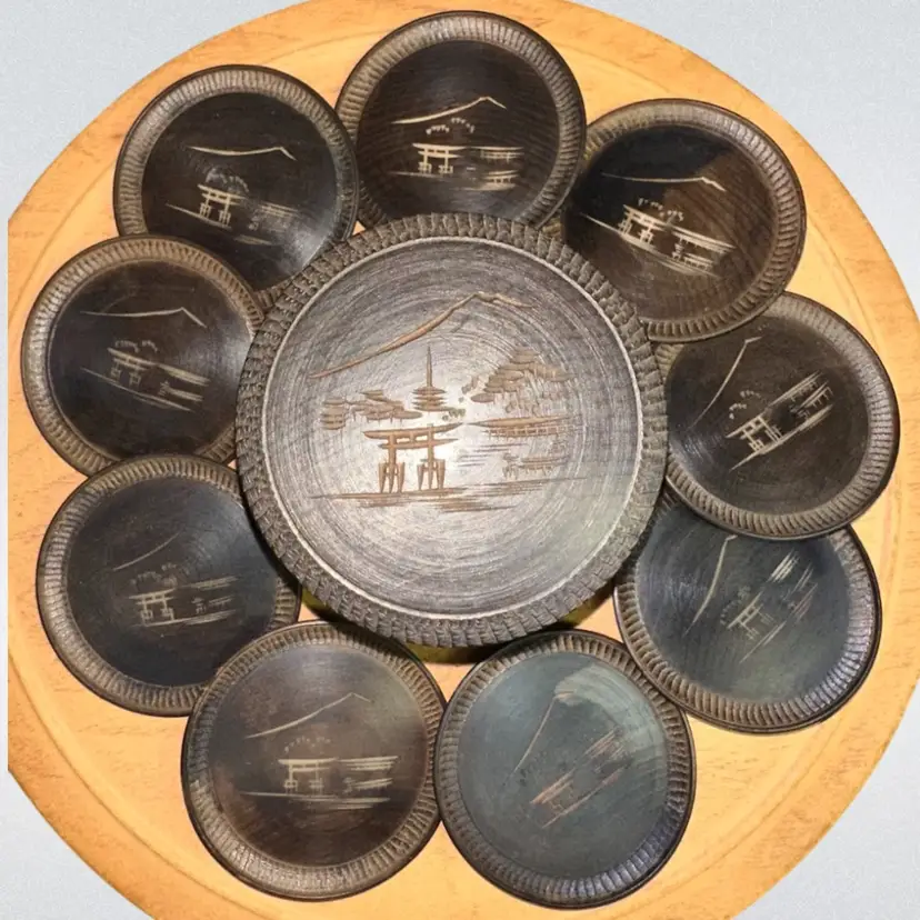 Vintage C.1960's Asian Wood-Carved Drink Coasters & Carrier/Holder