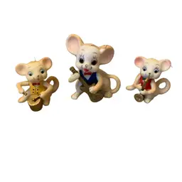 Celluloid Plastic Mouse Band Christmas Ornaments 2 X 2 & 2 2 1/8 X 3 Inches