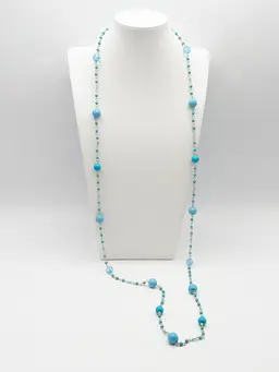 Silver Tone Turquoise Color Beads and Crystal Necklace