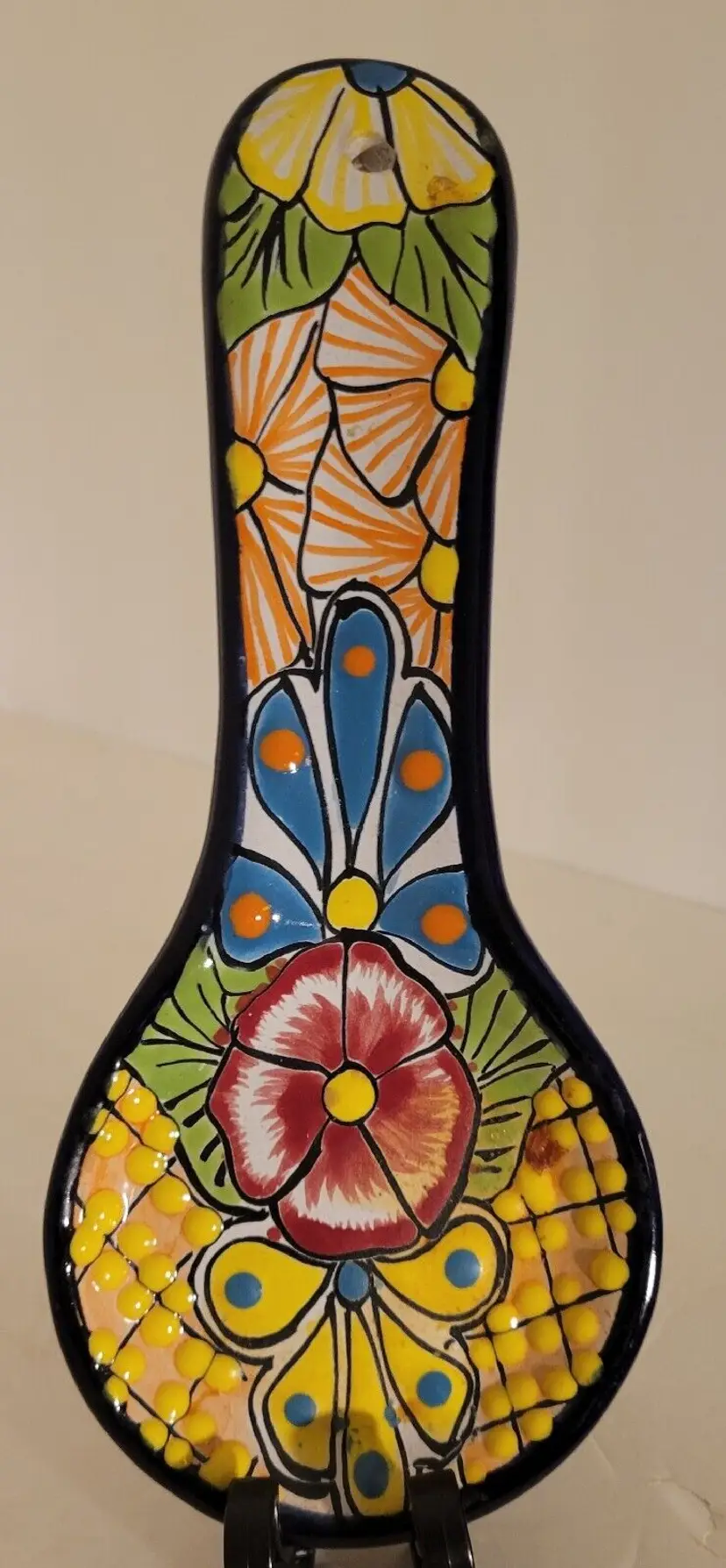 Mexican Folk Art Talavera Spoon Rest Holder Handcrafted Ceramic Pottery