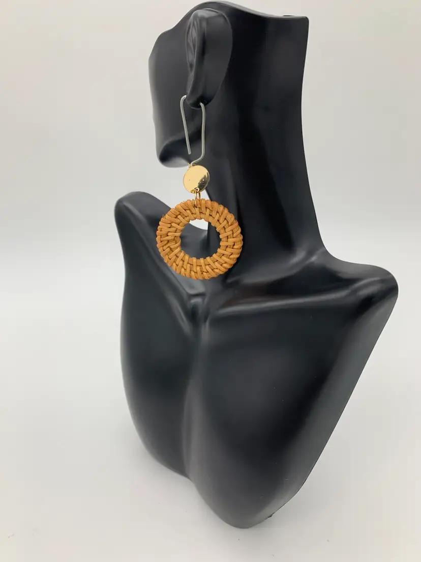 Handmade Vintage Fashion Round Hallow Disk Ratten Wicker Woven Drop Earrings