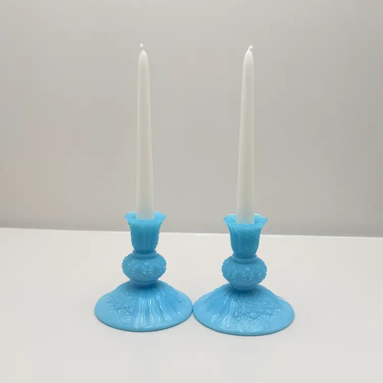 Olde Virginia Glass Aqua Blue Daisy And Button Candlesticks