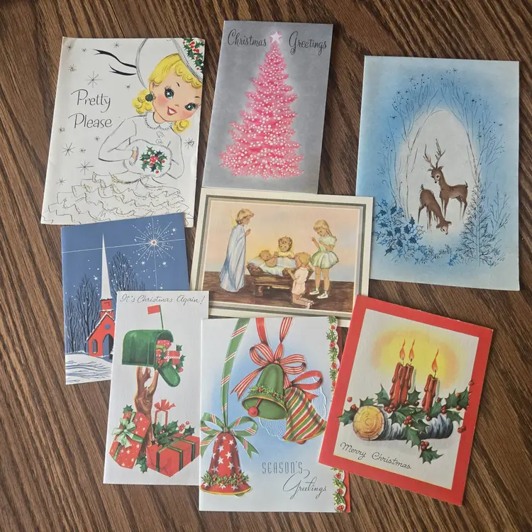 1970s - 8 USED Christmas cards - 3 Litho! - Decoration or Crafts!