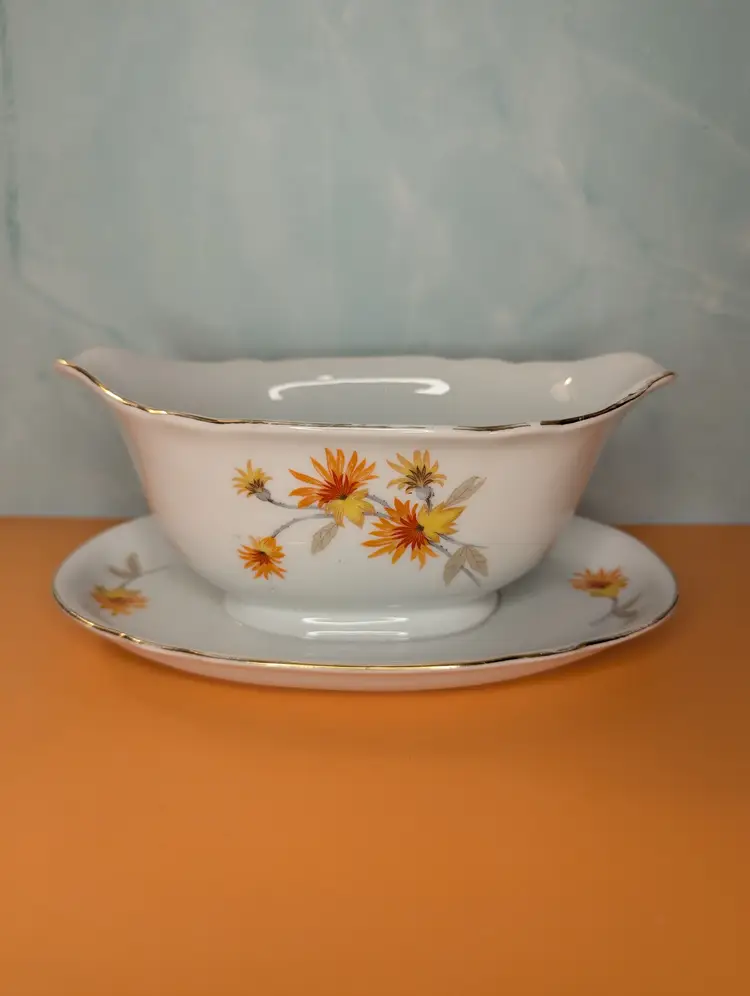 China Gravy Boat With Gold Rim, Orange/Yellow Flowers, and Attached Underplate VTG