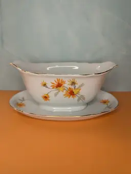 China Gravy Boat With Gold Rim, Orange/Yellow Flowers, and Attached Underplate VTG