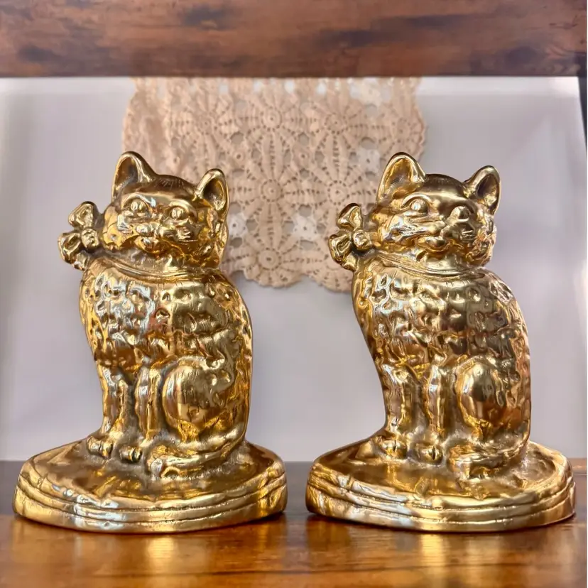 😻 7.25x5.5” vintage solid brass cat heavy bookends or doorstop