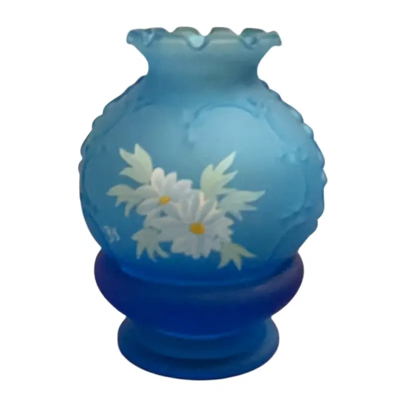 2-piece Confederate Glass Blue Satin HP Daisies Signed By BS Fairy Lamp 6” X 5”-READ