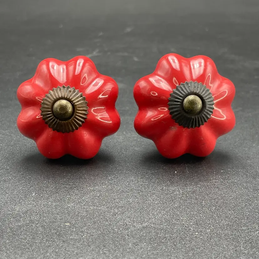 Ceramic Red Flower Drawer Pulls Handles Knobs Vintage Hardware Set of 2
