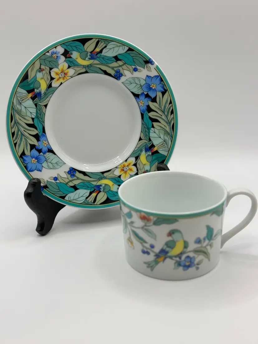 Vintage Paradiso Pattern Botanical Teacup And Saucer Set with Bird Motif, Porcelain, By Woodmere Design Studios, Made in Japan, Discontinued