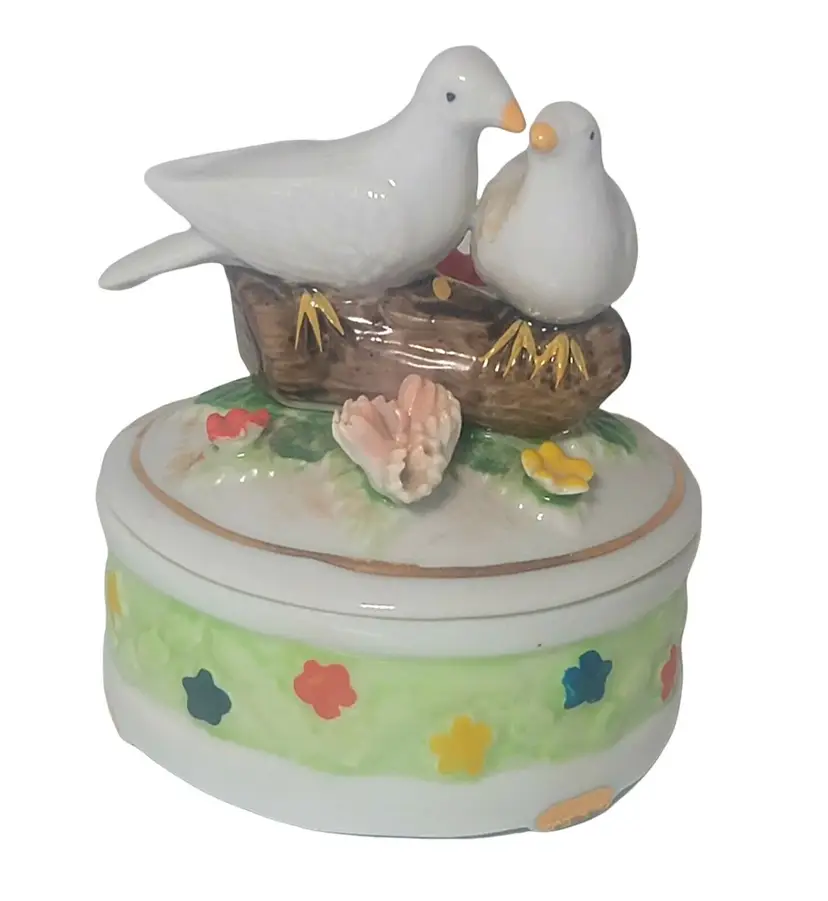 Vtg Arnart Imports Royal Crown Lidded Trinket Box Colorful Birds Flowers Design