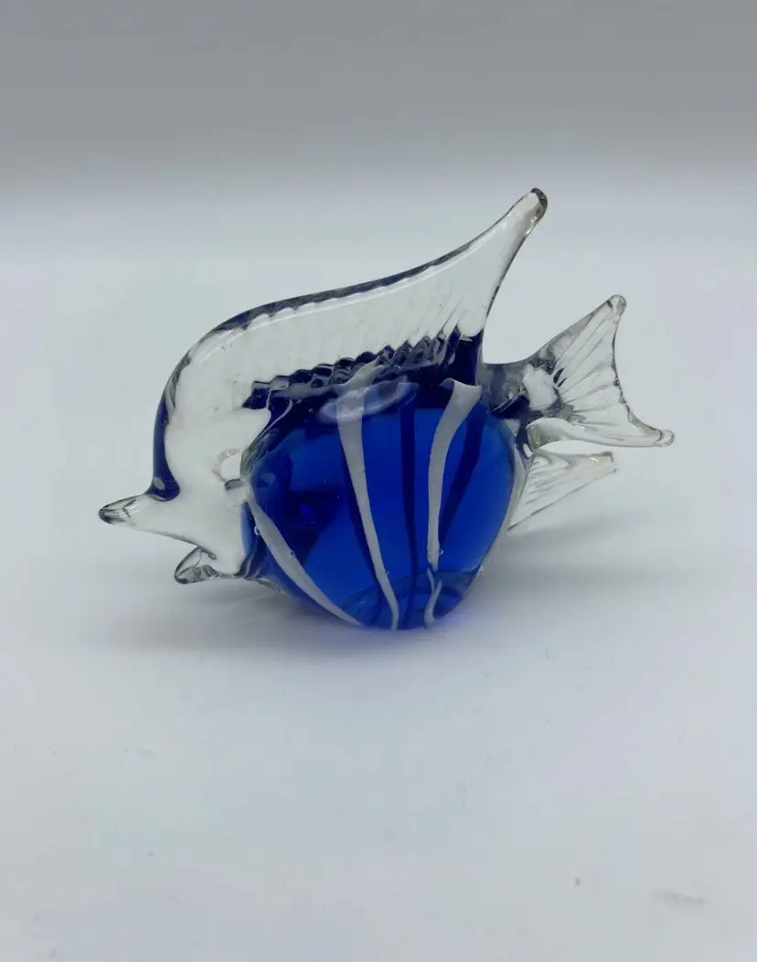 Art Glass Angelfish Cobalt Blue and Clear Glass Paperweight Striped