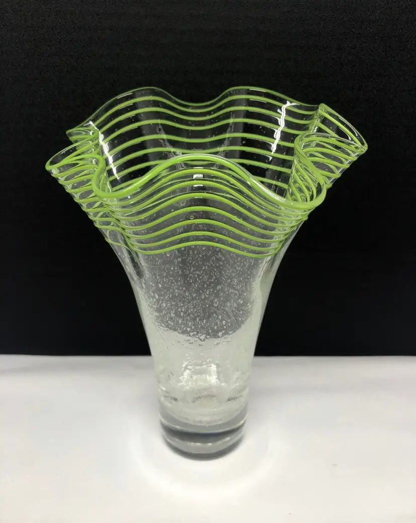 Hand-Blown with Lime Green Applied Swirl Glass Vase
