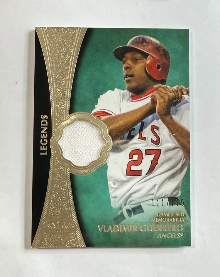 Vladimir Guerrero Los Angeles Anaheim Angels 2 Card Baseball Lot - 2019 TOPPS TIER ONE LEGENDS JERSEY RELIC /175 - 2016 Panini Pantheon Noble Timber Dual Bat Relic 13/99