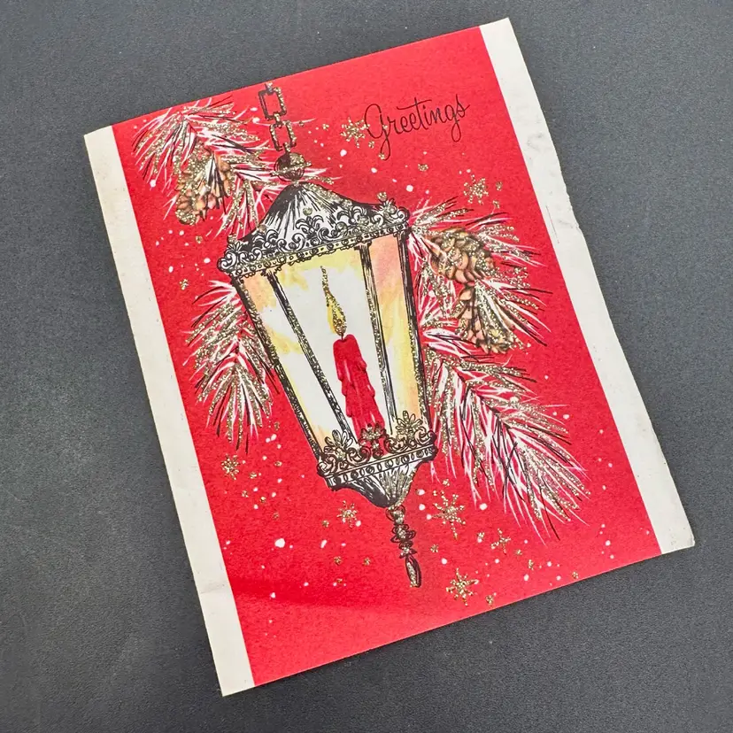 Vintage Hampshire Red Snowy Holly Lantern Christmas Greeting Card, Used