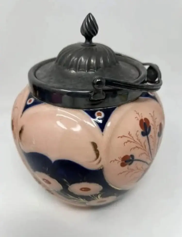 Antique Biscuit Jar Floral Silver Plated Lid & Handle Peachy Pink 7.5”