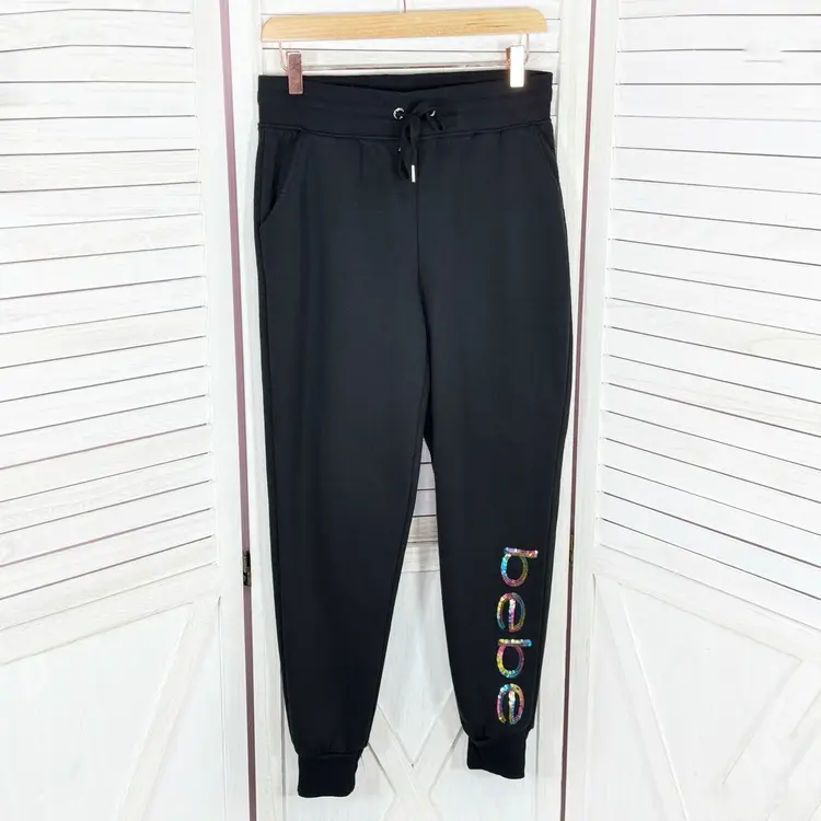Bebe Sport Rainbow Sequin Logo Fleece Jogger Pants Black Small