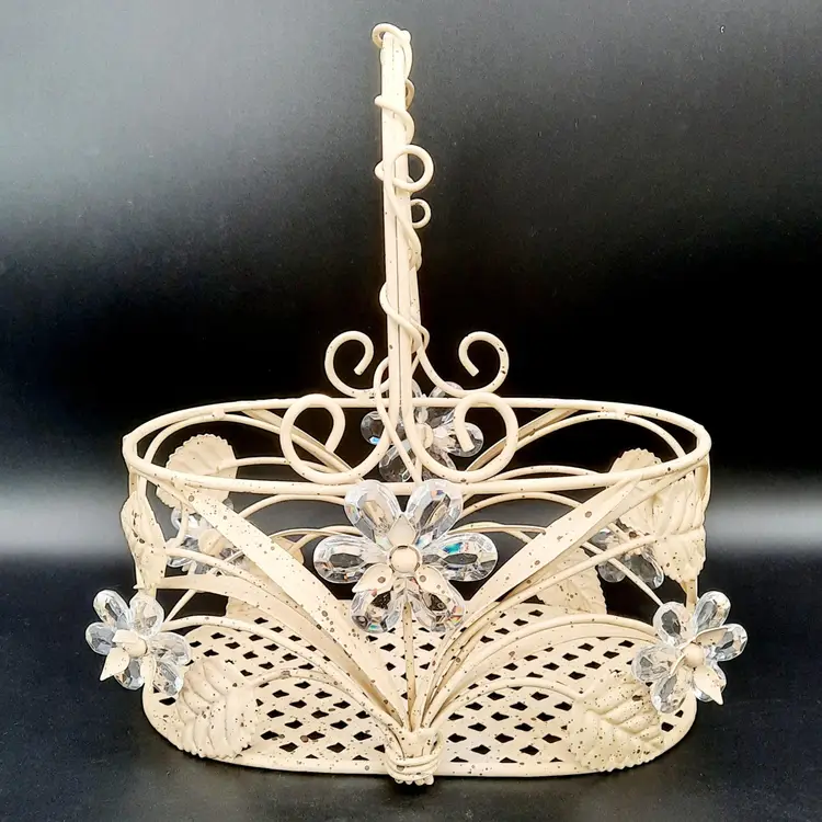 Vintage Metal Basket W/ Clear Acrylic Flowers Twisted Handle