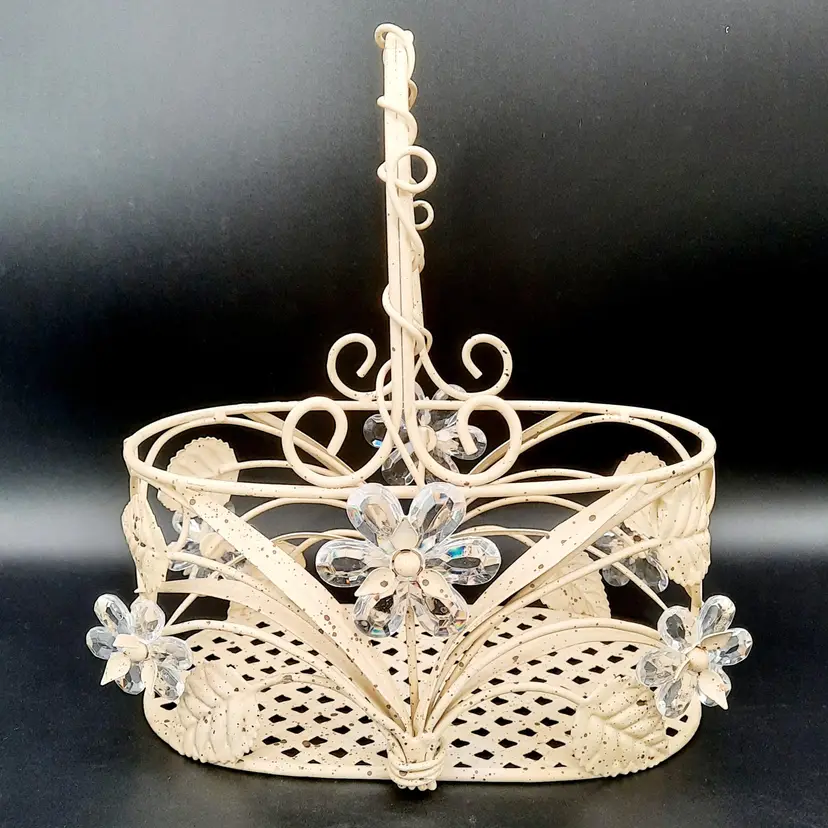 Vintage Metal Basket W/ Clear Acrylic Flowers Twisted Handle