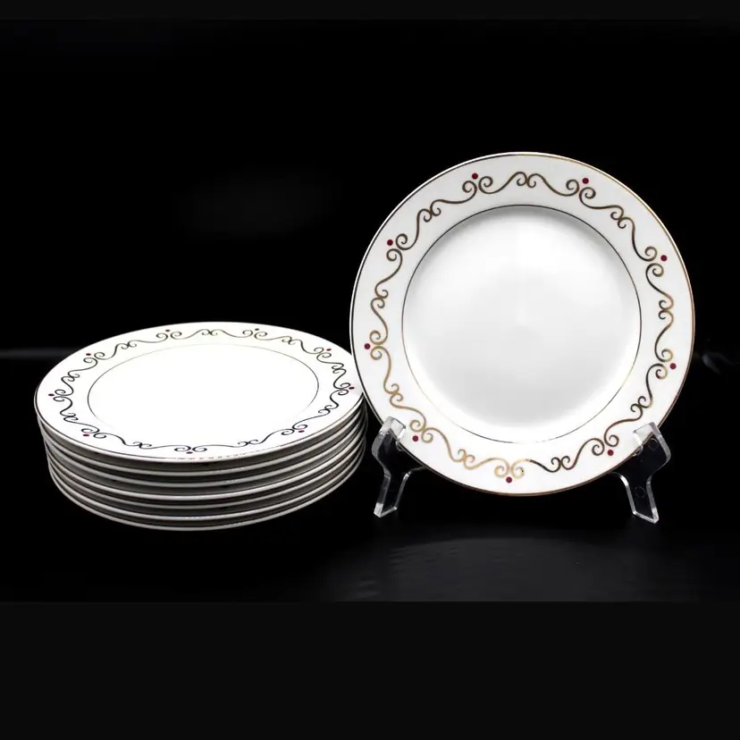 Vintage Pier 1 Salad Dessert Plates Set White Gold Scroll Red Ornaments Design