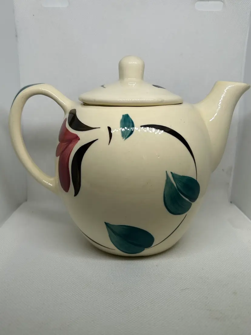 Vintage Puritan Pottery Teapot 32 oz Hand Painted Ivy Red Blossom