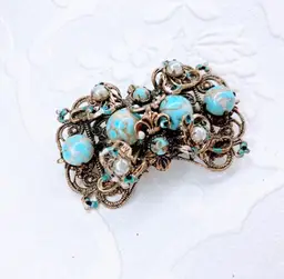 Vintage Czech Hubble Glass stone filigree brooch/pin turquoise cabachons
