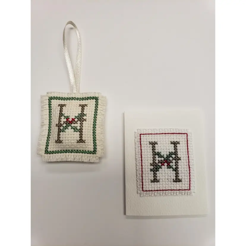 New Handmade Cross-stitched H Initial With Holly Gift Tag And Christmas Ornament