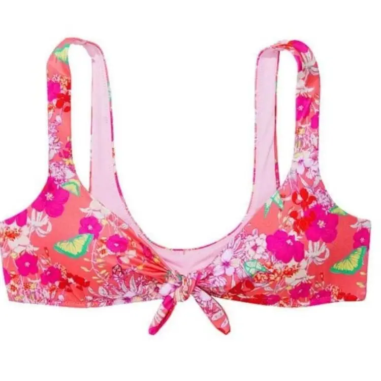 L-VICTORIA'S SECRET SWIM Tie-Front Bralette Bikini Top Pink Butterfly 🩷🦋 NWT