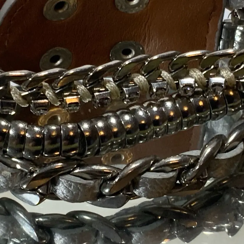 Sparkly Shinny  Vintage Costume Jewelry Metallic  Breaded Leather Crystal Bangle Or Bracelet 