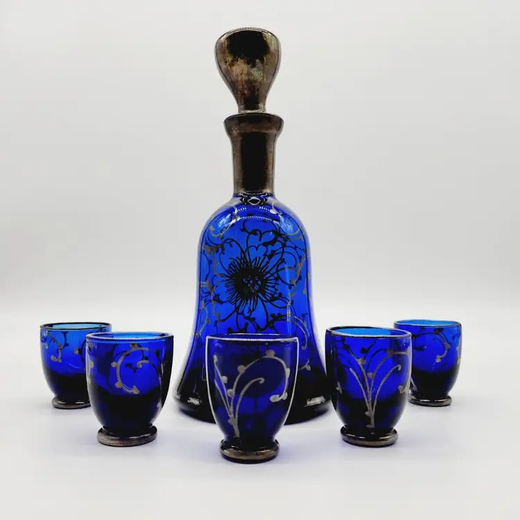 Vintage Cobalt Blue Sterling Silver Overlay Decanter & Cordial Shot Glasses