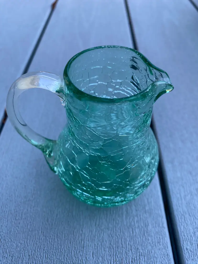 VINTAGE BLENKO MINIATURE GREEN CRACKLE GLASS PITCHER WITH CLEAR HANDLE