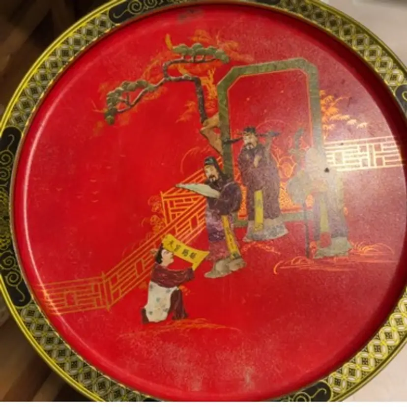 Japanese Cookie Tin Depicting Japanese Scenes On Both Sides Of Tin. Measures 14”x14”x4”
