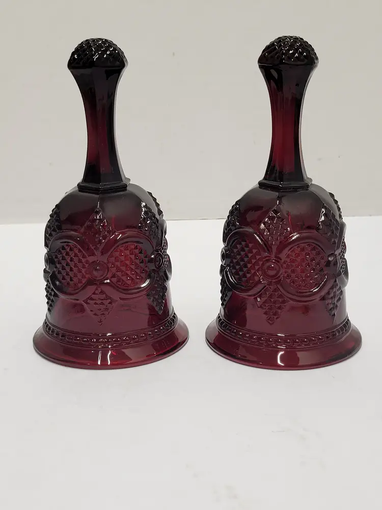 Vintage Avon Cape Cod 1876 Ruby Red Glass Lot of 2 Hostess Bells 6 3/4” Holiday