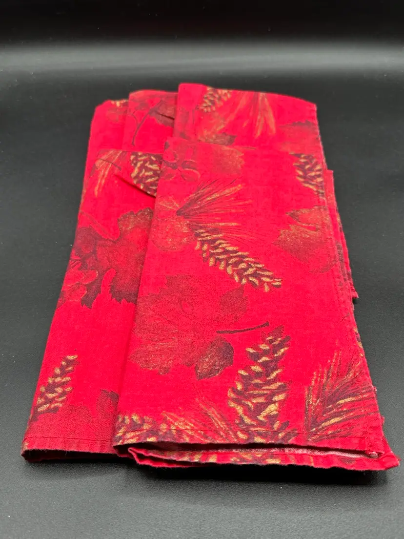 5-Vintage Napkins Red Christmas Pine Needles Pine Cones Leaves Grapes Gold