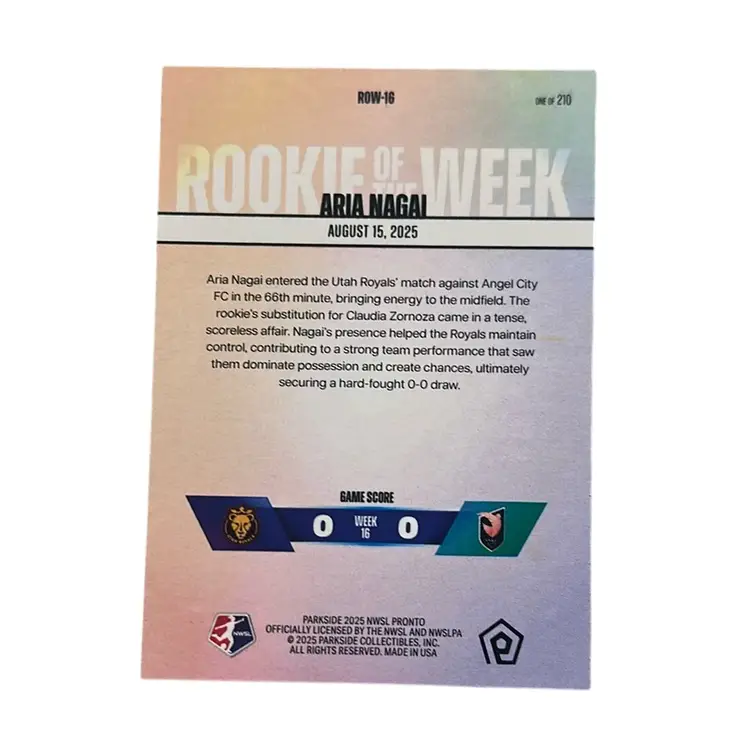 Aria Nagai Utah Royals 2025 Parkside Pronto NWSL Rookie Of The Week /210