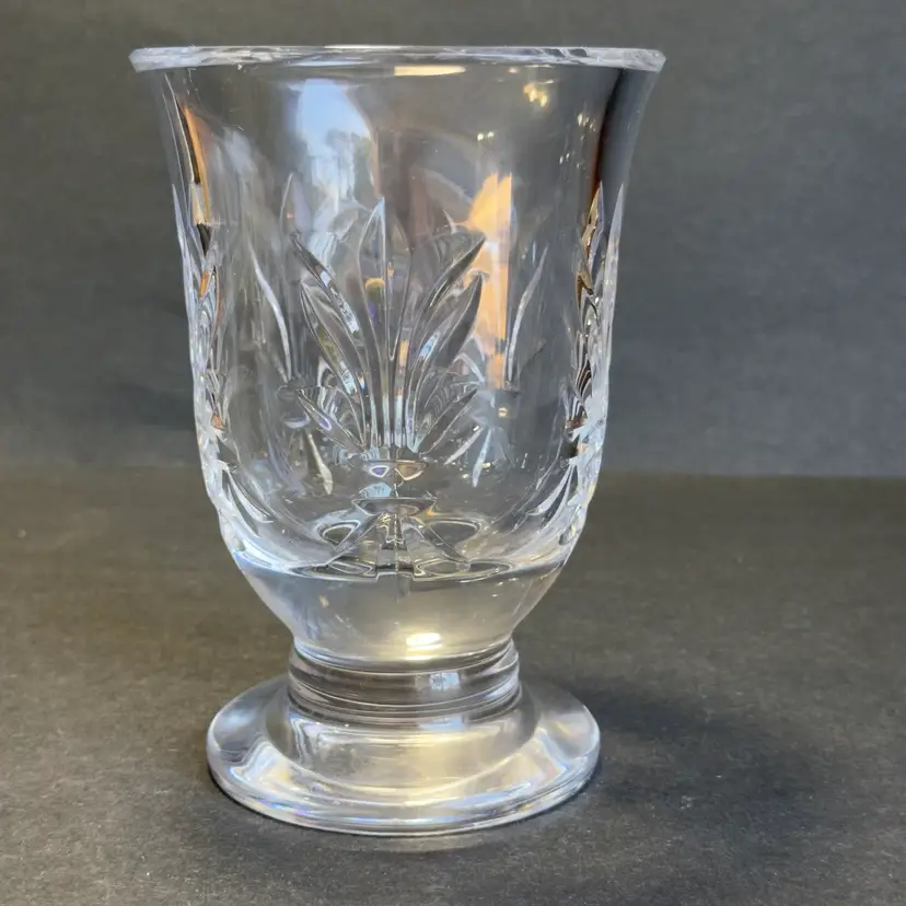 #1534 Stuart Crystal Signed, Flour de Plus Hurricane Lamp Clear Cut Glass Candle Holder 6”