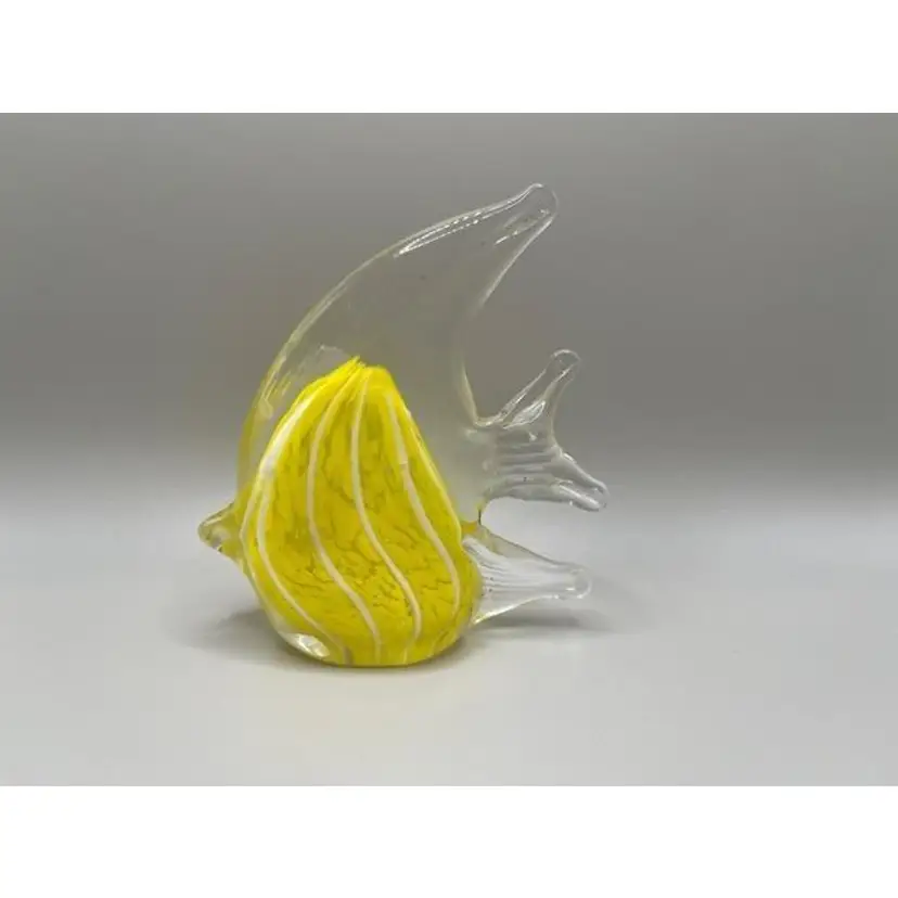 #02 - Blown Glass Angelfish Paperweight ~ Yellow With White Stripes ~ Beach ~ Nautical ~ Marine Life ~ Measures 4.25 inches tall