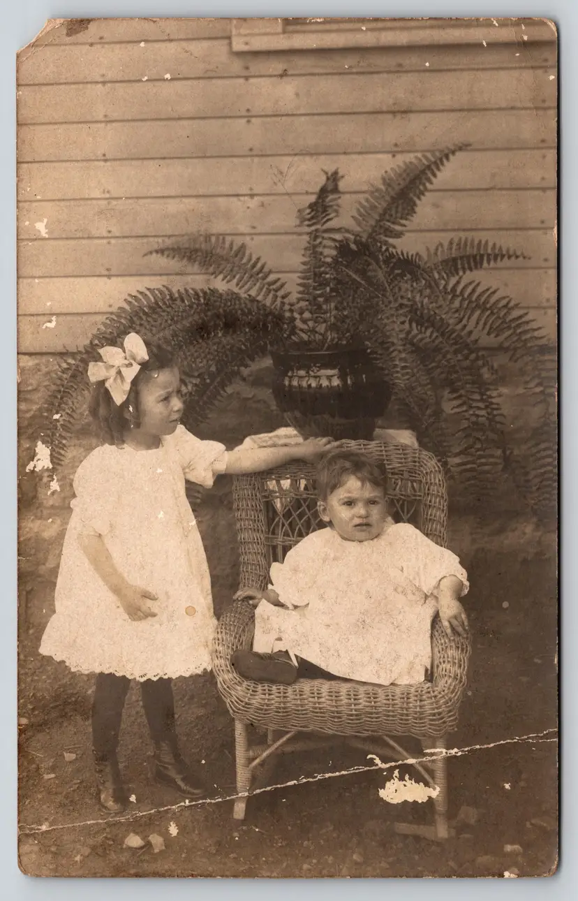 Postcard RPPC Unhappy Children Siblings White Dresses Real Photo - 8748